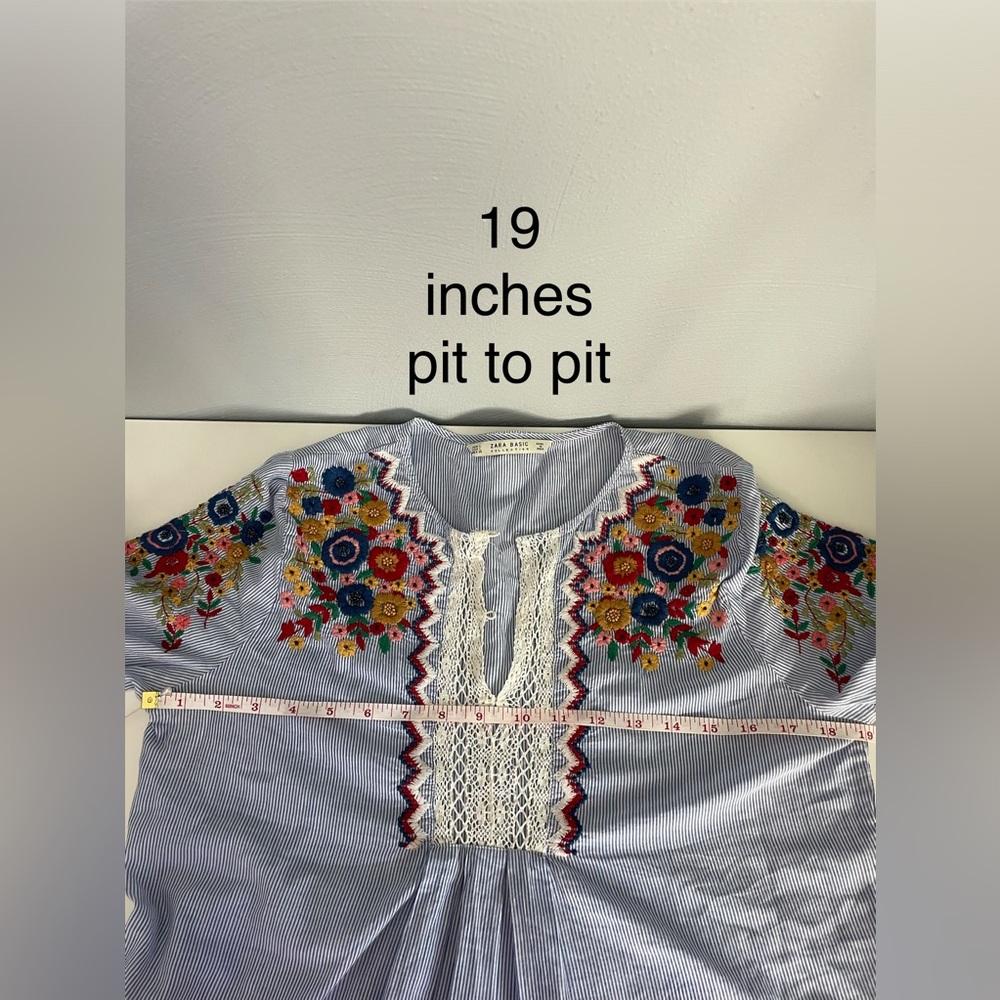 Zara Boho Striped Embroidered Peasant Top - Bell Sleeves & Crochet Lace - Picture 8 of 9
